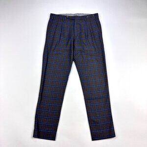 PT01 Pants Mens 50 Preppy Fit Super 110's Virgin Wool Plaid Blue Brown Luxury